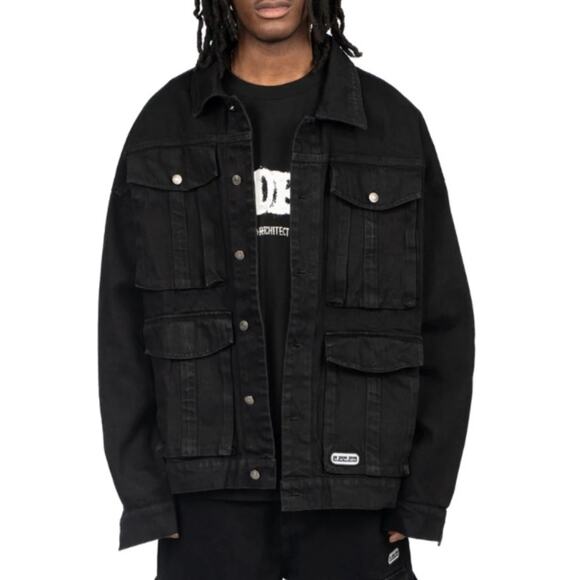 Modern Artchitect Anniversary Denim Jacket with Buttoned Pockets Stylish Black - Picture 1 of 13